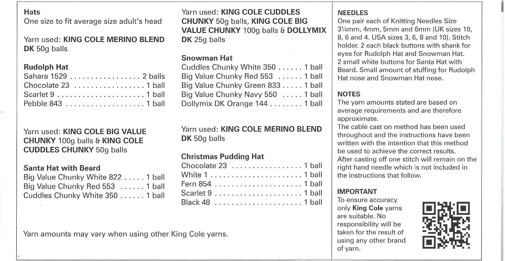 King Cole 4114 Adult s Novelty Hats Knitting Pattern
