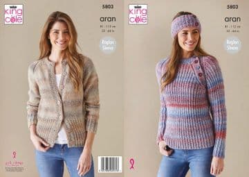 King Cole Acorn Aran Knitting Pattern - 5803 Cardigan, Sweater & Headband
