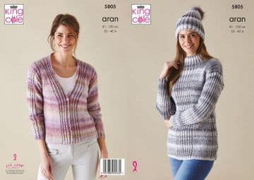 King Cole Acorn Aran Knitting Pattern - 5805 Sweater, Cardigan & Hat