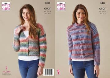 King Cole Acorn Aran Knitting Pattern - 5806 Sweater & Cardigan