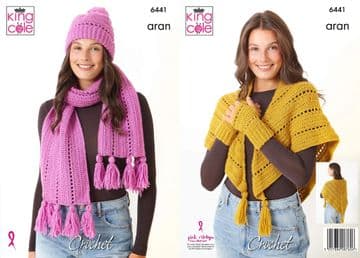 King Cole Aran Crochet Pattern - 6441 Ladies Accessories (4 Designs)