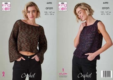 King Cole Aran Crochet Pattern - 6490 Ladies Sweater & Summer/Evening Top (2 Designs)
