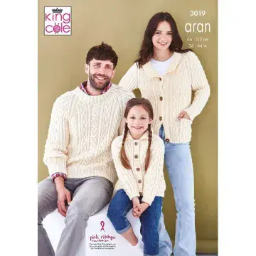 King Cole Aran Knitting Pattern - 3019 Family Sweater & Cardigans (3 Designs)