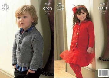 King Cole Aran Knitting Pattern - 3340 Children's Cardigan & Sweater (2 Designs)