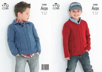 King Cole Aran Knitting Pattern - 3388 Children's Sweaters (2 Designs)
