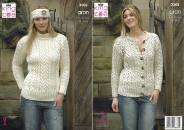 King Cole Aran Knitting Pattern - 3508 Ladies Sweater, Cardigan & Headband
