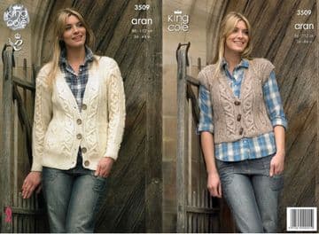 King Cole Aran Knitting Pattern - 3509 Ladies Cardigan & Waistcoat