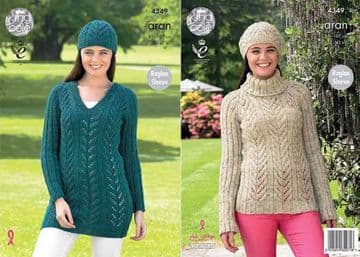King Cole Aran Knitting Pattern - 4349 Ladies Sweaters & Hats