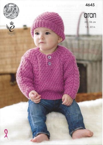 King Cole Aran Knitting Pattern - 4645 Sweater, Trousers, Hat & Mittens