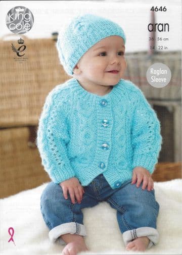 King Cole Aran Knitting Pattern - 4646 Sweater, Cardigan, Hat, Scarf & Bootees