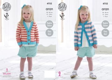 King Cole Aran Knitting Pattern - 4752 Girl's Cardigans