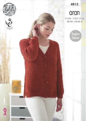 King Cole Aran Knitting Pattern - 4815 Sweater & Cardigan