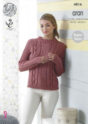 King Cole Aran Knitting Pattern - 4816 Sweater & Cardigan