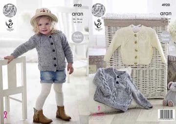 King Cole Aran Knitting Pattern - 4920 Childrens Sweater & Cardigan (2 Designs)