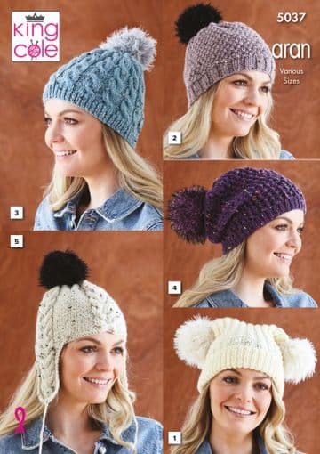 King Cole Aran Knitting Pattern - 5037 Ladies Hats