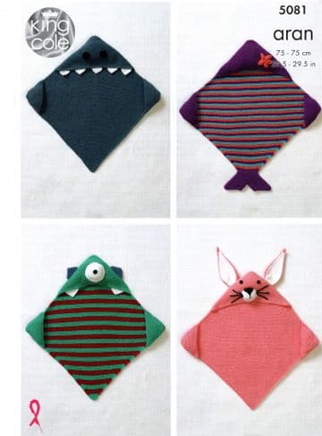 King Cole Aran Knitting Pattern - 5081 Baby Hooded Blankets