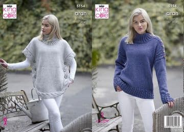 King Cole Aran Knitting Pattern - 5154 Poncho & Sweater