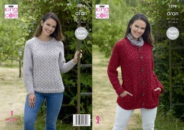 King Cole Aran Knitting Pattern - 5298 Ladies Cardigan & Sweater