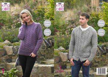 King Cole Aran Knitting Pattern - 5345 Unisex Sweater & Cardigan