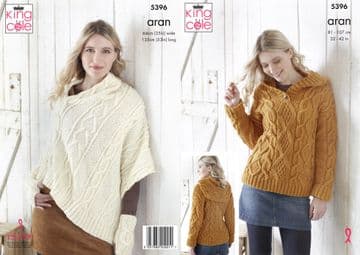 King Cole Aran Knitting Pattern - 5396 Ladies Hoodie & Poncho