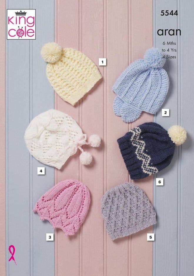 King Cole Aran Knitting Pattern - 5544 Hats