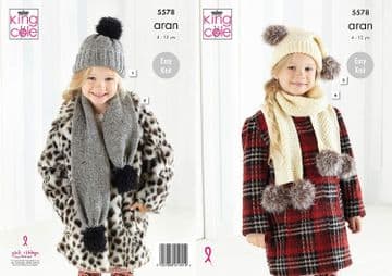 King Cole Aran Knitting Pattern - 5578 Children's Hats & Scarves