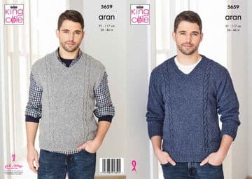 King Cole Aran Knitting Pattern - 5659 Men's Sweater & Tank Top
