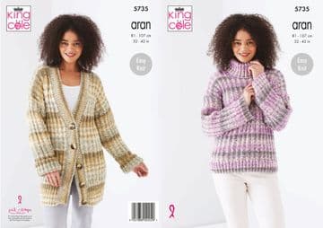 King Cole Aran Knitting Pattern - 5735 Ladies Sweater & Cardigan