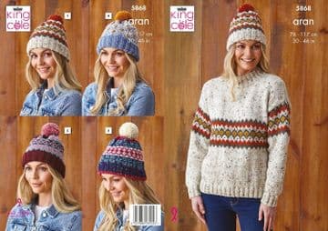 King Cole Aran Knitting Pattern - 5868 Ladies Sweater & Hats
