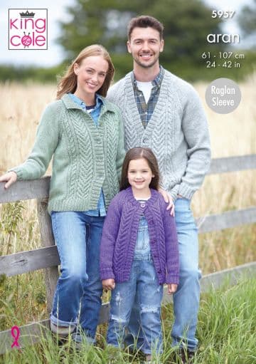 King Cole Aran Knitting Pattern - 5957 Family Cardigans