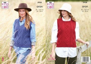 King Cole Aran Knitting Pattern - 5958 Ladies Round and V Neck Tanks