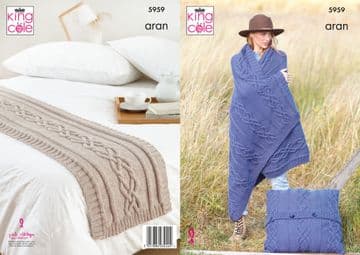 King Cole Aran Knitting Pattern - 5959 Blanket, Floor Cushion & Bed Runner
