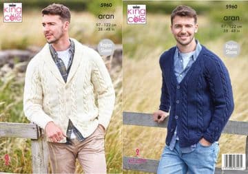 King Cole Aran Knitting Pattern - 5960 Men's V & Shawl Collared Cardigans