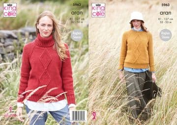 King Cole Aran Knitting Pattern - 5963 Ladies Sweaters