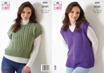 King Cole Aran Knitting Pattern - 6020 Ladies Sleeveless Tops