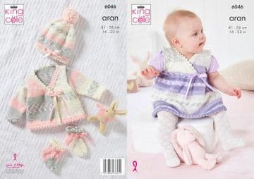 King Cole Aran Knitting Pattern - 6046 Pinafore Dress, Cardigan, Hat & Slipper Socks