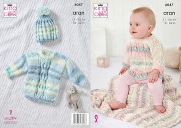 King Cole Aran Knitting Pattern - 6047 Top, Sweater, Hat & Blanket