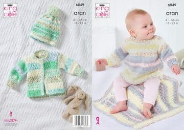 King Cole Aran Knitting Pattern - 6049 Dress, Jacket, Hat & Blanket
