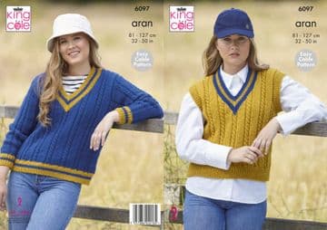 King Cole Aran Knitting Pattern - 6097 Ladies Sweater & Tank