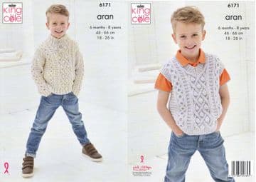King Cole Aran Knitting Pattern - 6171 Childrens Sweater & Tank Top