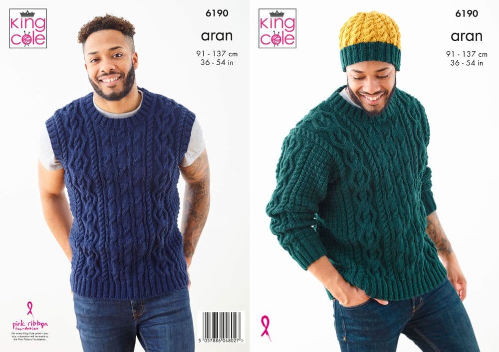 King Cole Aran Knitting Pattern 6190 Men's Sweater, Tank Top Hat