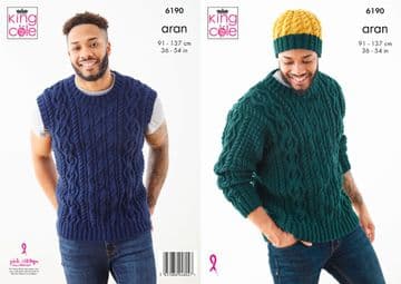 King Cole Aran Knitting Pattern - 6190 Men's Sweater, Tank Top & Hat