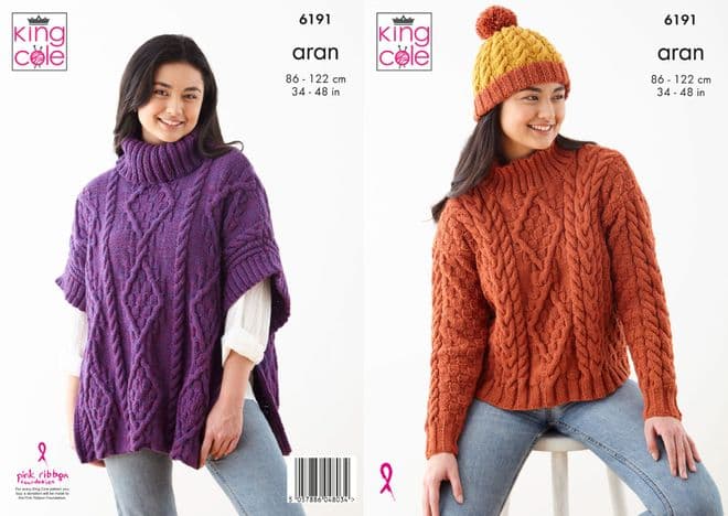 King Cole Aran Knitting Pattern - 6191 Ladies Sweater, Cape & Hat