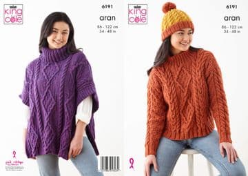 King Cole Aran Knitting Pattern - 6191 Ladies Sweater, Cape & Hat