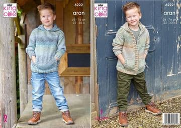 King Cole Aran Knitting Pattern - 6222 Children's Hooded Sweater & Cardigan