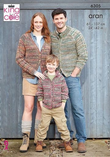 King Cole Aran Knitting Pattern - 6305 Family Cardigans