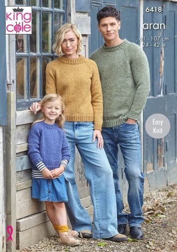 King Cole Aran Knitting Pattern - 6418 Family Sweaters (3 Designs)