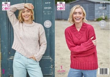 King Cole Aran Knitting Pattern - 6419 Ladies Sweaters (2 Designs)