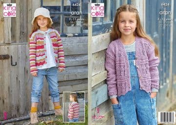 King Cole Aran Knitting Pattern - 6424 Children's Cardigans (2 Designs)