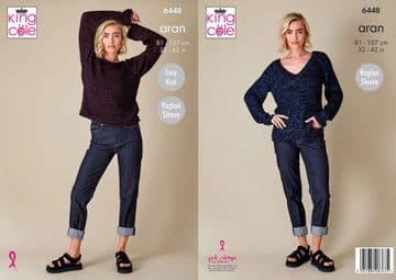King Cole Aran Knitting Pattern - 6448 Ladies Sweaters (2 Designs)
